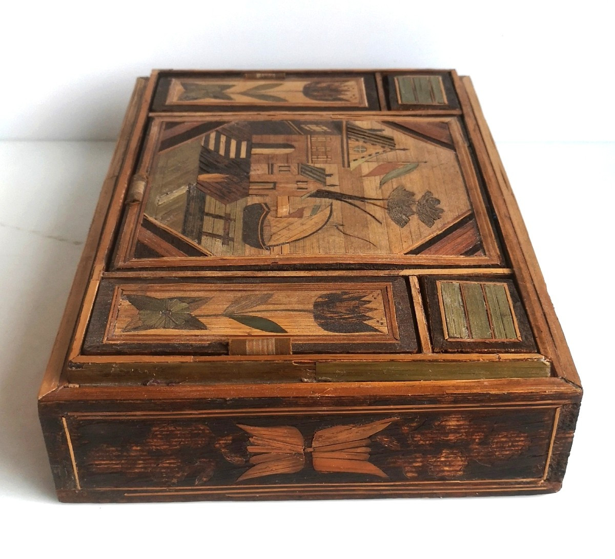 Straw Marquetry Sewing Box, Maritime Scene, 18th Century, Decoration On All Sides, Without Lid-photo-6