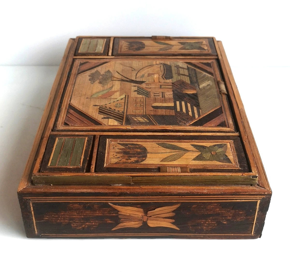 Straw Marquetry Sewing Box, Maritime Scene, 18th Century, Decoration On All Sides, Without Lid-photo-7