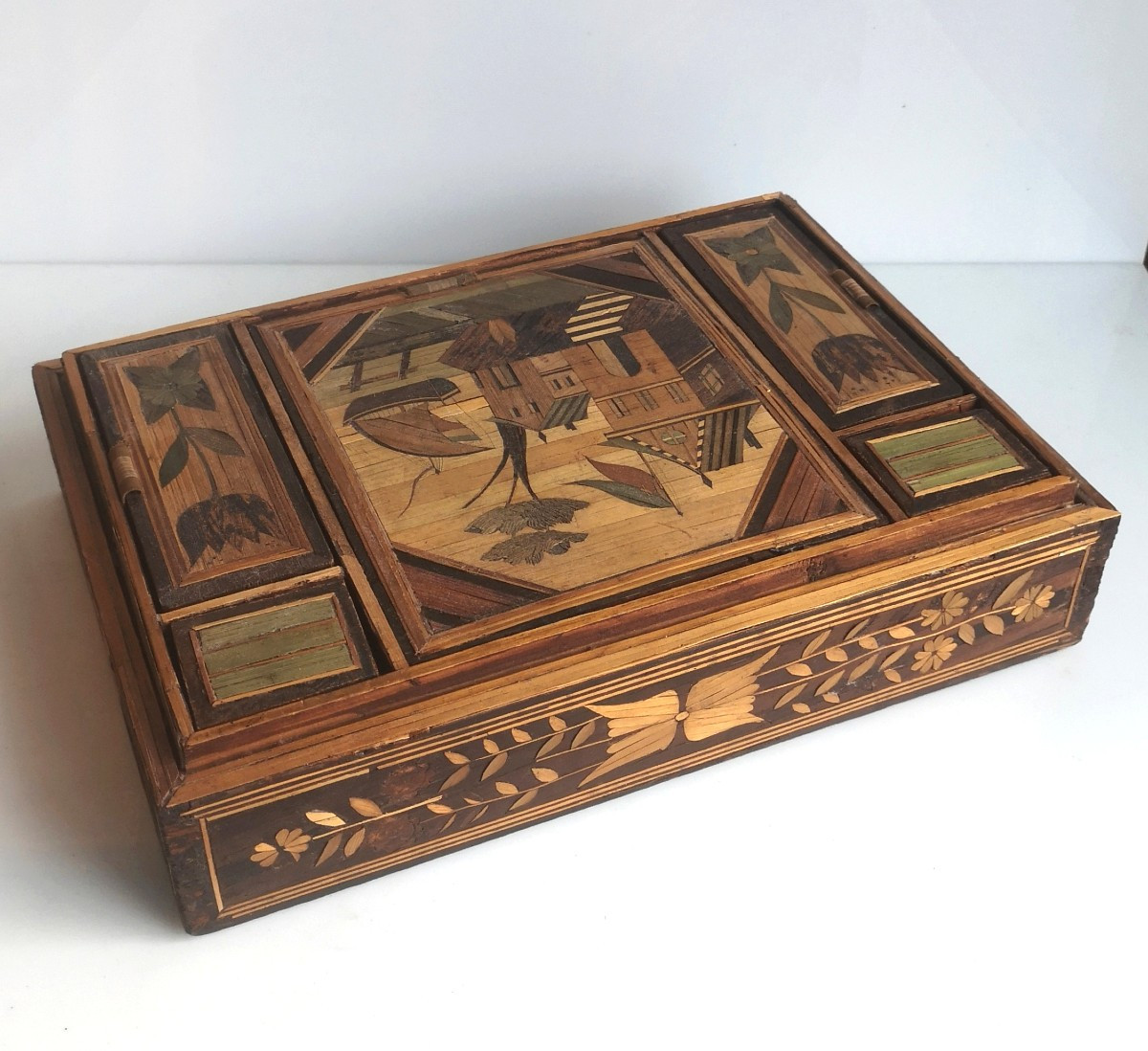 Straw Marquetry Sewing Box, Maritime Scene, 18th Century, Decoration On All Sides, Without Lid-photo-8