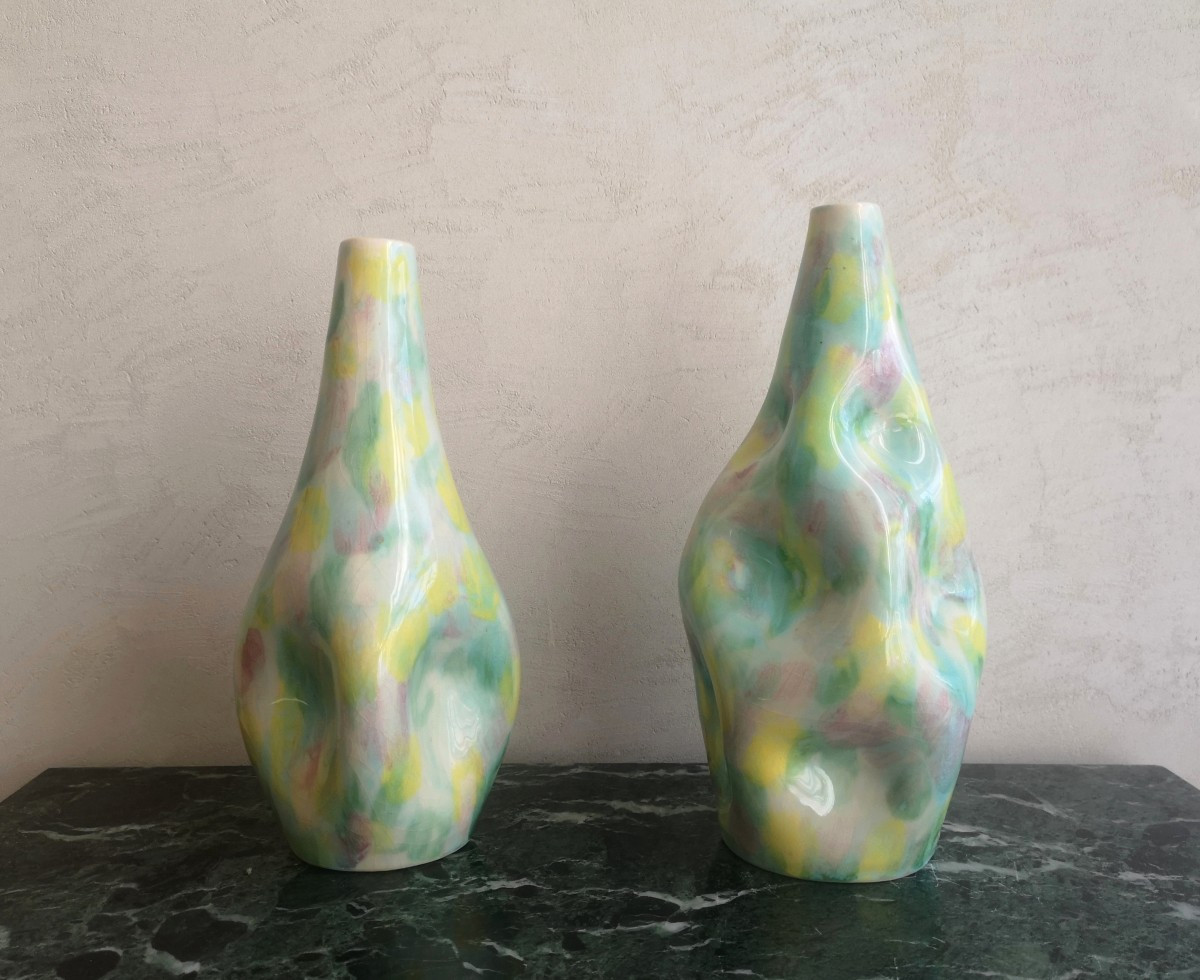 Fausse paire de vases bouteilles en céramique émaillée – Travail anonyme du XXe siècle-photo-3