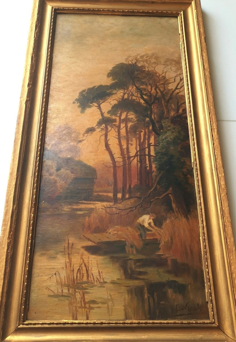 Paysage naturaliste post-Barbizon fin XIXᵉ – Bord de rivière animé – signé E. Vidal-photo-2