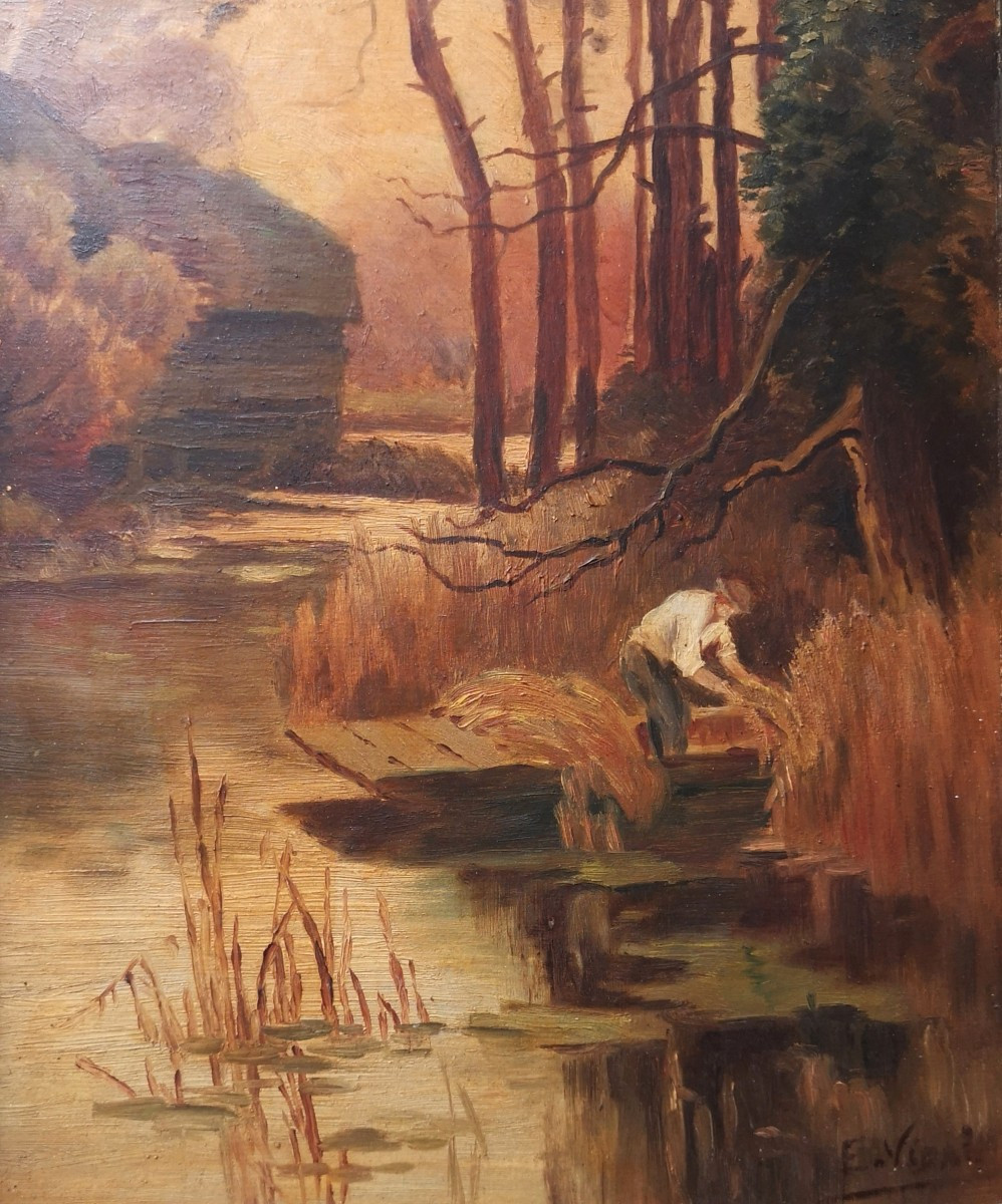 Paysage naturaliste post-Barbizon fin XIXᵉ – Bord de rivière animé – signé E. Vidal-photo-3