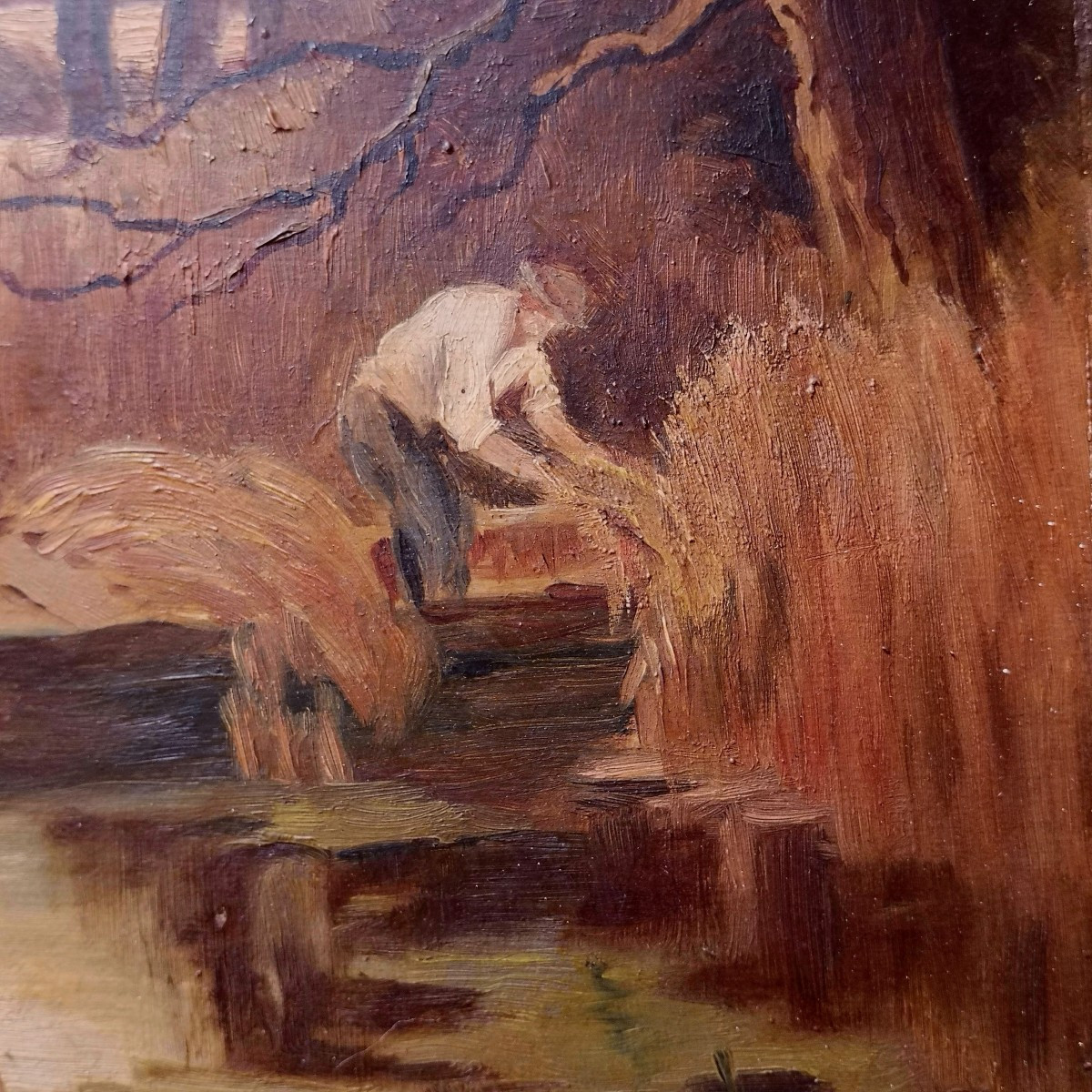 Paysage naturaliste post-Barbizon fin XIXᵉ – Bord de rivière animé – signé E. Vidal-photo-2