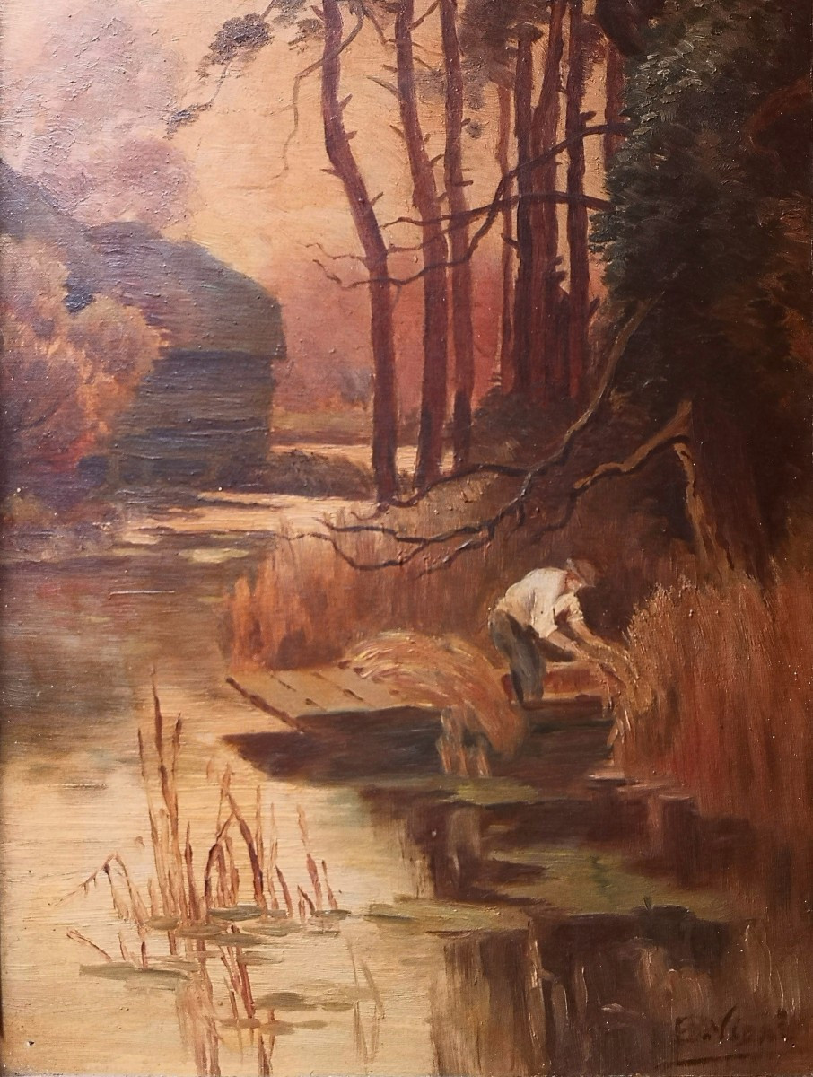 Paysage naturaliste post-Barbizon fin XIXᵉ – Bord de rivière animé – signé E. Vidal-photo-5