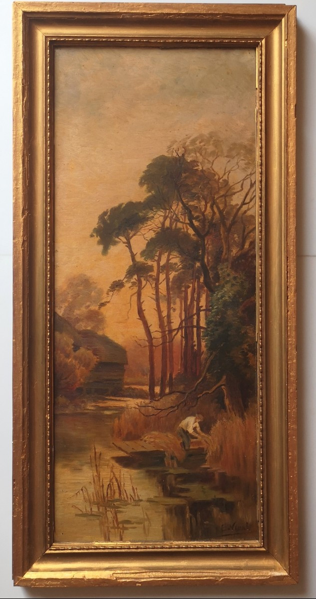 Paysage naturaliste post-Barbizon fin XIXᵉ – Bord de rivière animé – signé E. Vidal