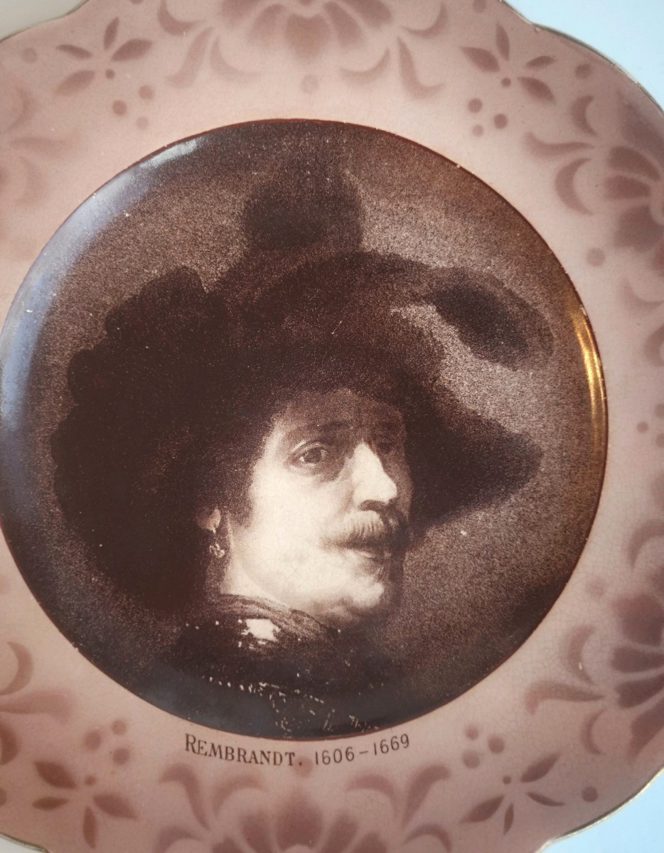 Assiette d’art XIXe Flandres peinte main – Portrait de Rembrandt signé-photo-2