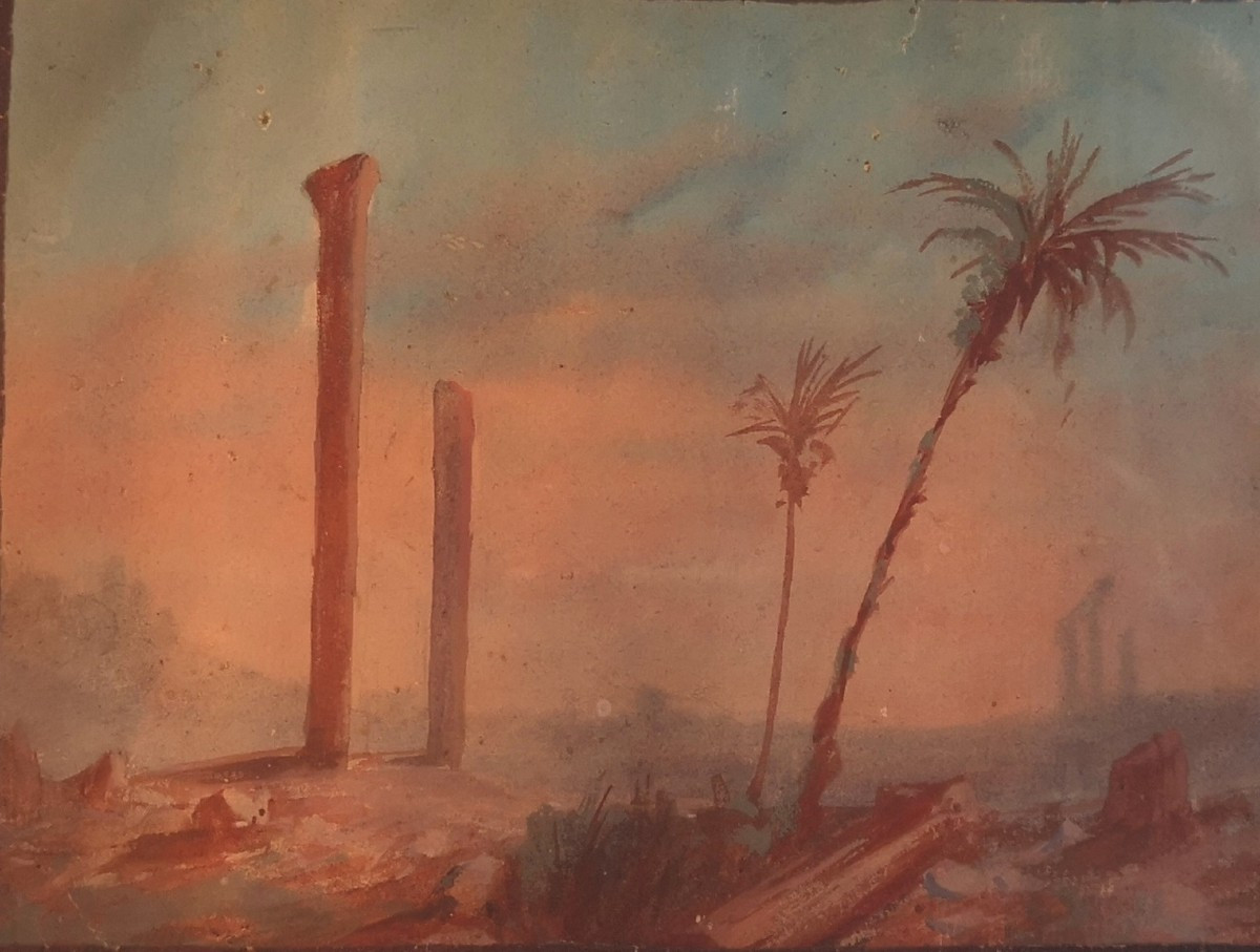 Gouache orientaliste fin XIXe – Ruines romaines & palmiers – Style Paul Pascal-photo-3