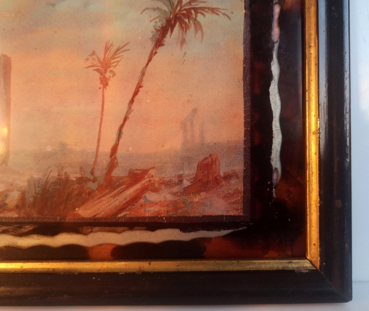 Gouache orientaliste fin XIXe – Ruines romaines & palmiers – Style Paul Pascal-photo-2