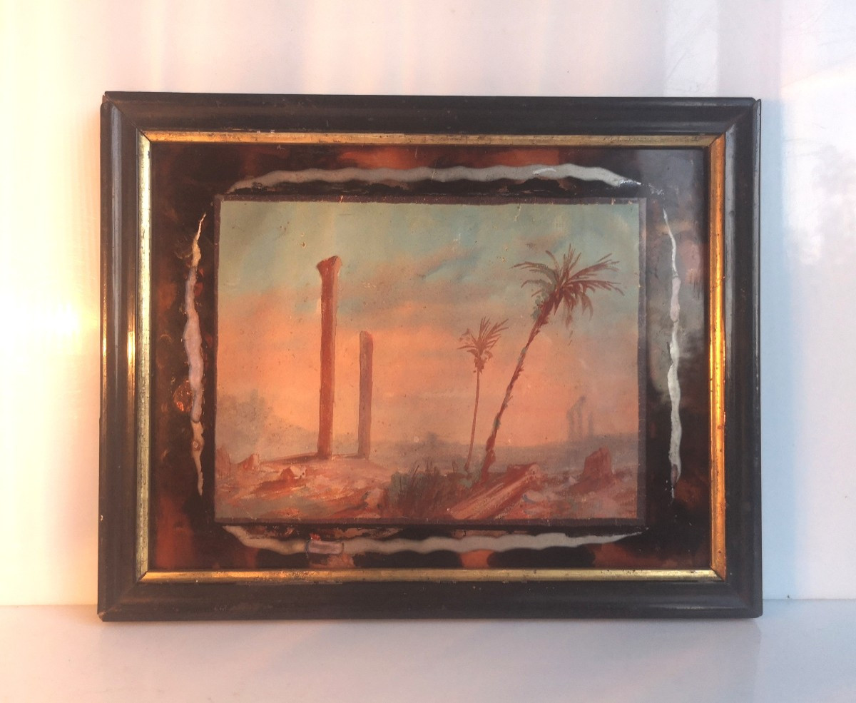Gouache orientaliste fin XIXe – Ruines romaines & palmiers – Style Paul Pascal-photo-4