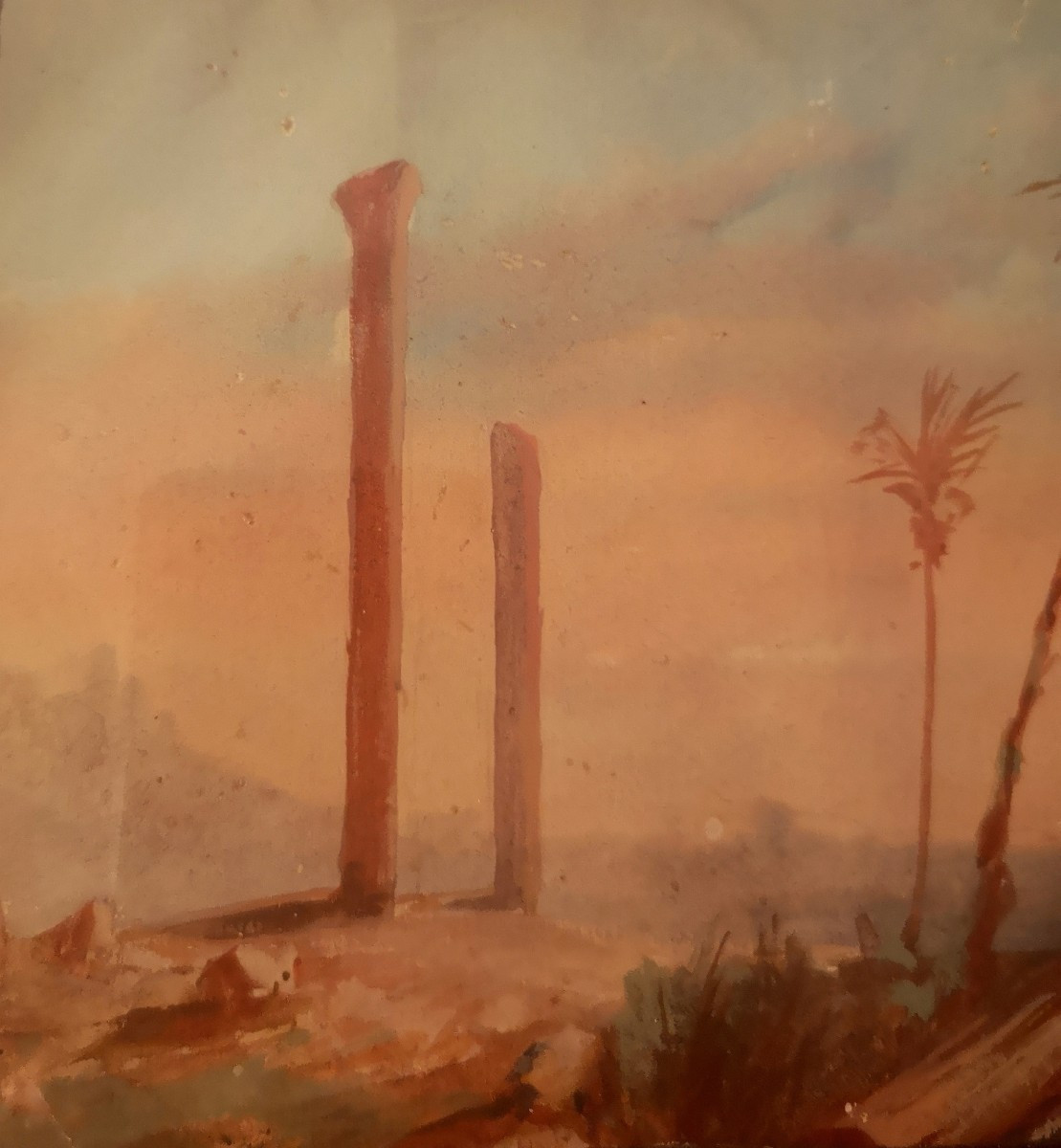 Gouache orientaliste fin XIXe – Ruines romaines & palmiers – Style Paul Pascal-photo-6
