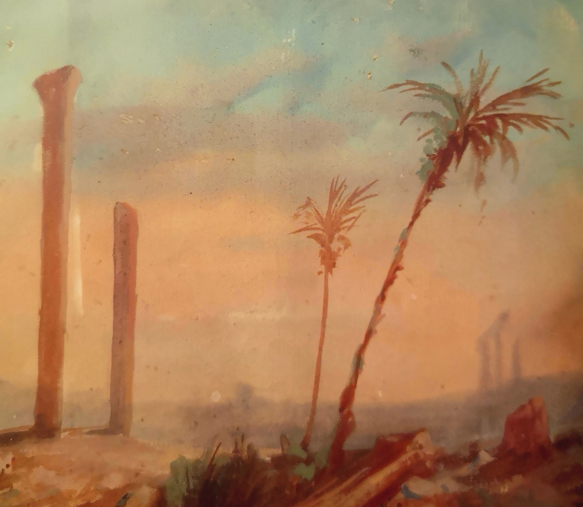 Gouache orientaliste fin XIXe – Ruines romaines & palmiers – Style Paul Pascal-photo-7