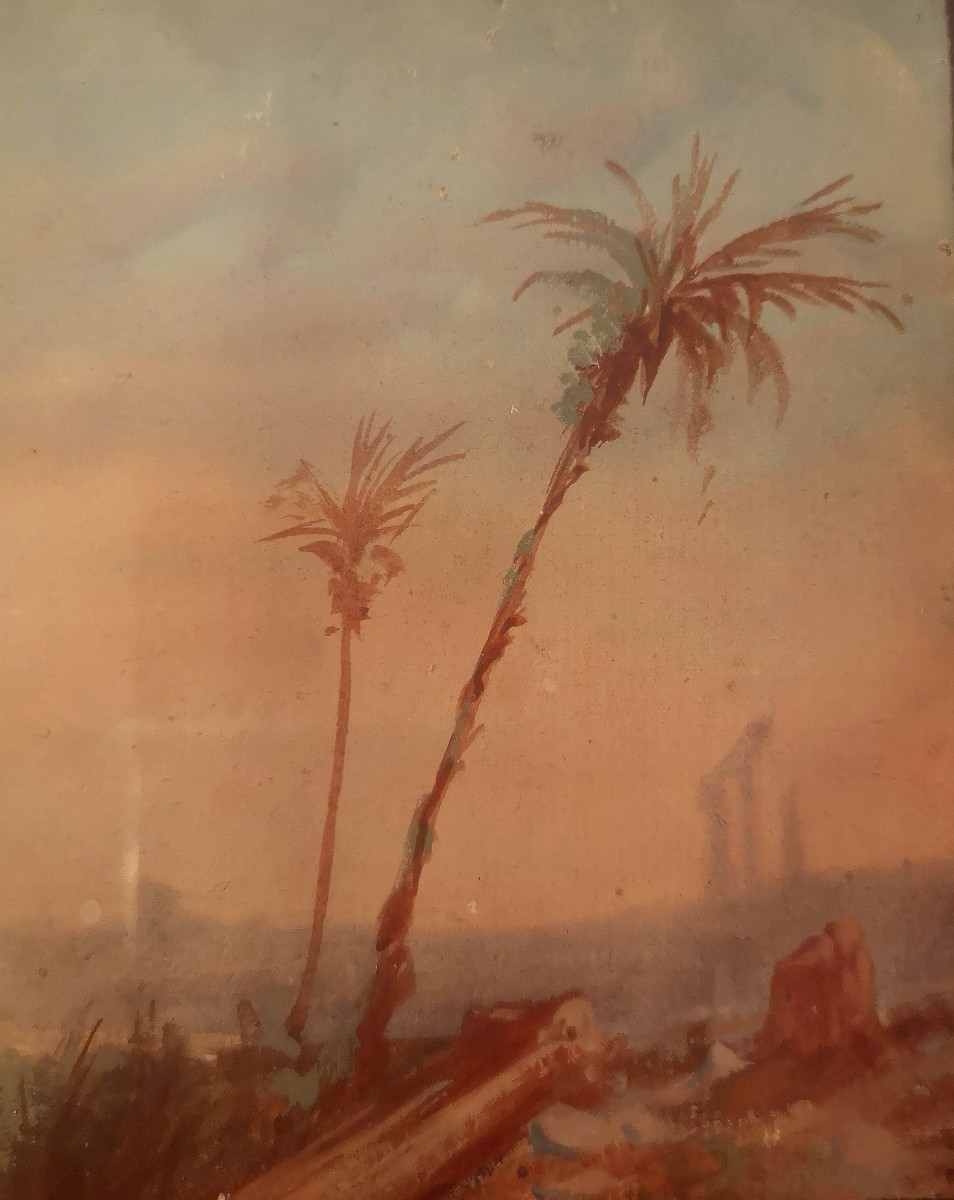 Gouache orientaliste fin XIXe – Ruines romaines & palmiers – Style Paul Pascal-photo-8