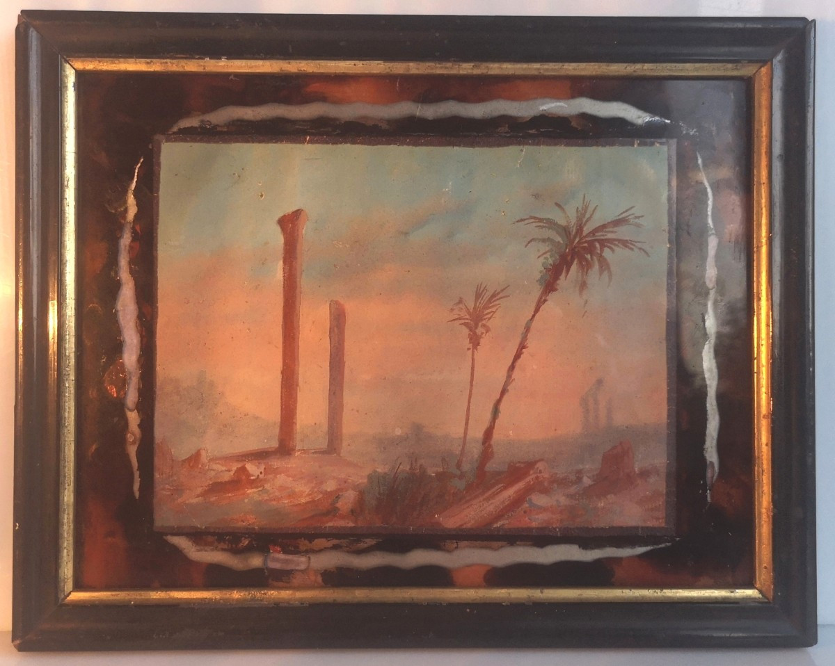 Gouache orientaliste fin XIXe – Ruines romaines & palmiers – Style Paul Pascal