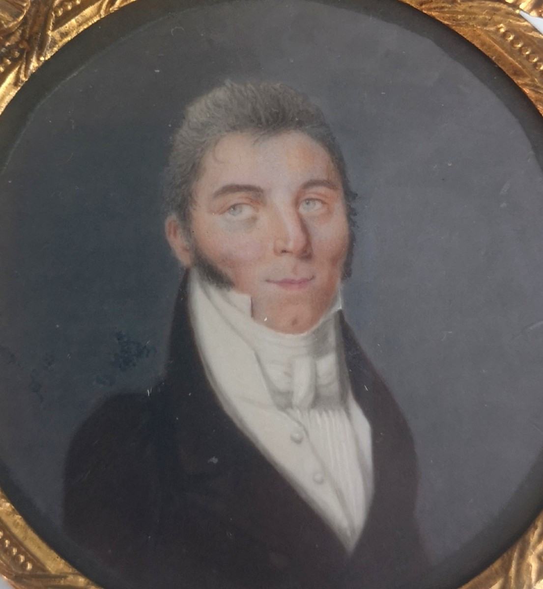 Miniature sur ivoire - Portrait homme Directoire Empire circa 1795... Cadre bronze doré ancien-photo-4