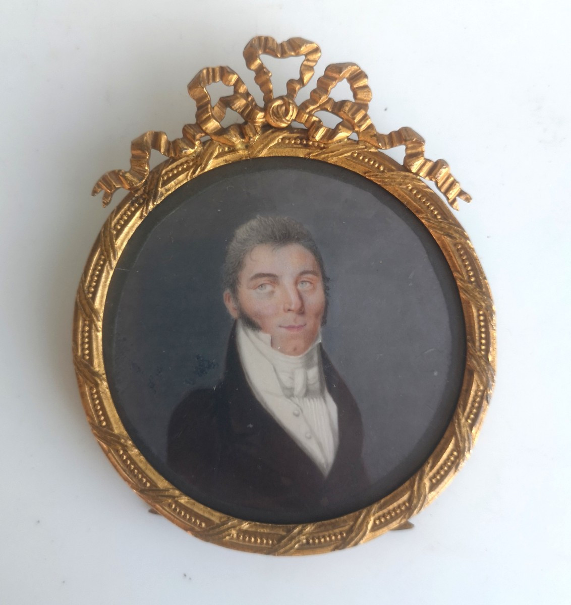 Miniature sur ivoire - Portrait homme Directoire Empire circa 1795... Cadre bronze doré ancien