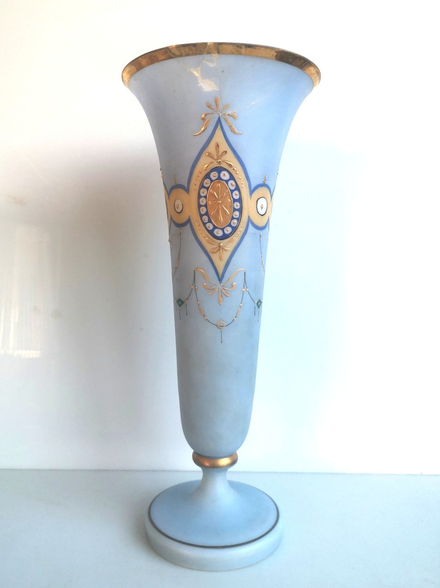 Vase tulipe Restauration 1820 - Opaline cristal bleu lavande soufflée décor géométrique émaillé-photo-2