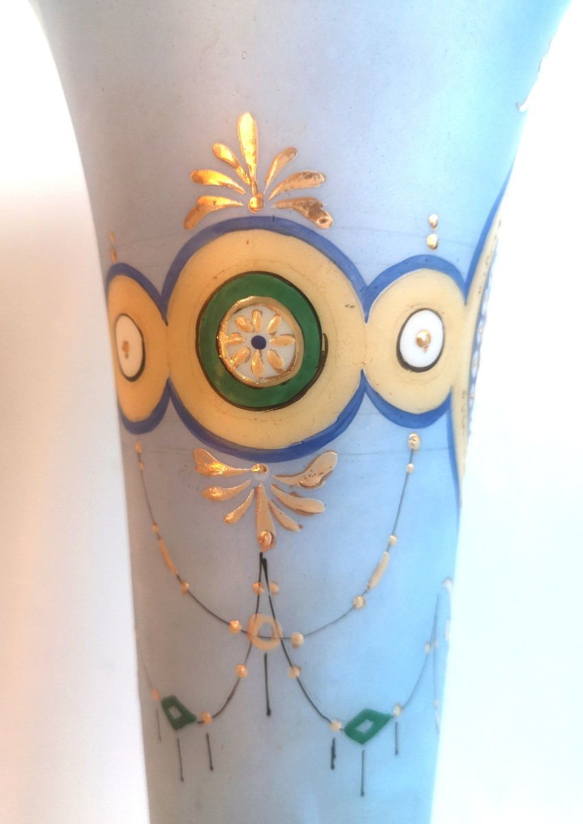 Vase tulipe Restauration 1820 - Opaline cristal bleu lavande soufflée décor géométrique émaillé-photo-4