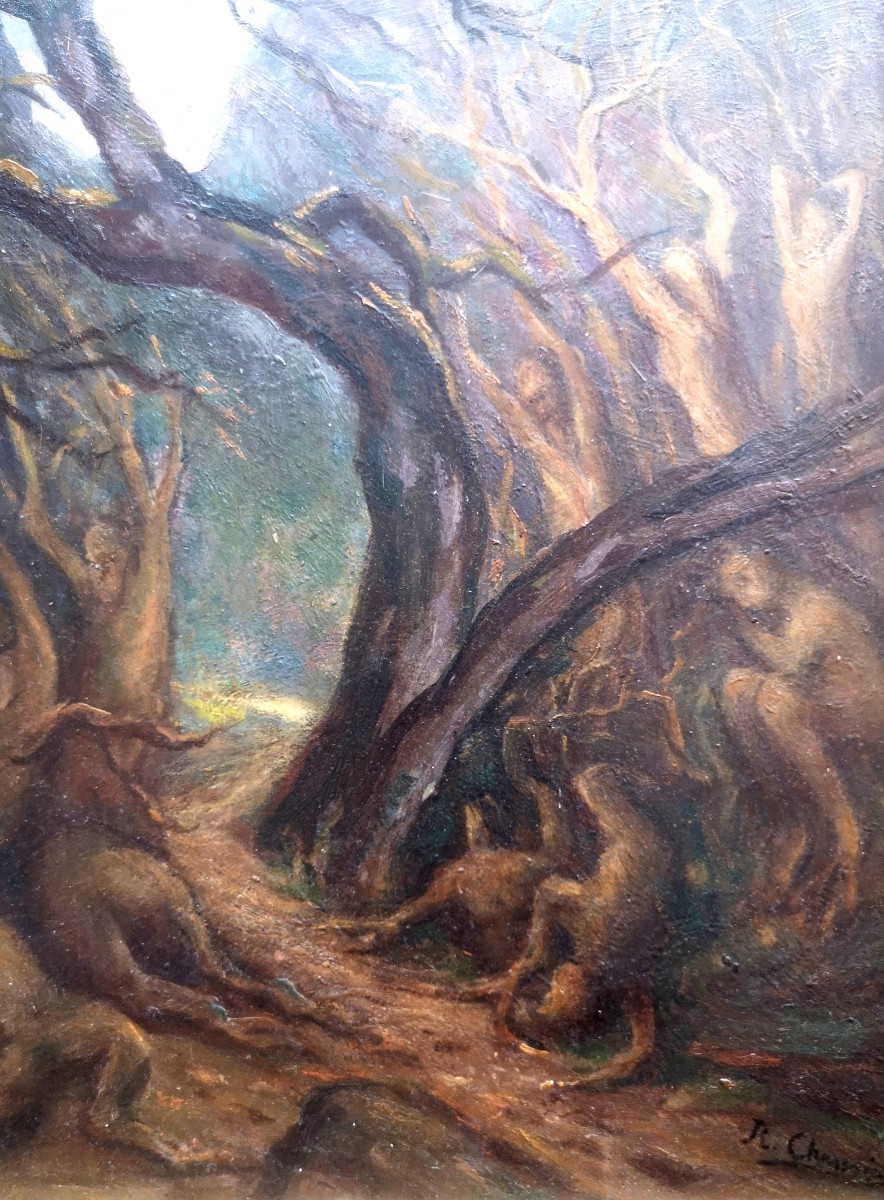 Surréalisme Art symboliste. Foret fantastique, formes humaines spectrales-photo-1