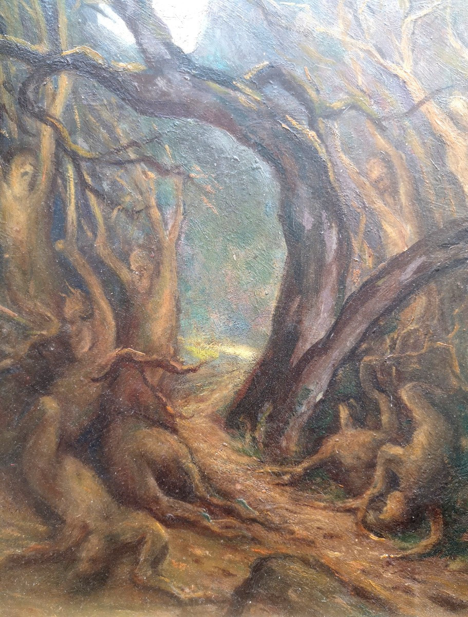 Surréalisme Art symboliste. Foret fantastique, formes humaines spectrales-photo-6