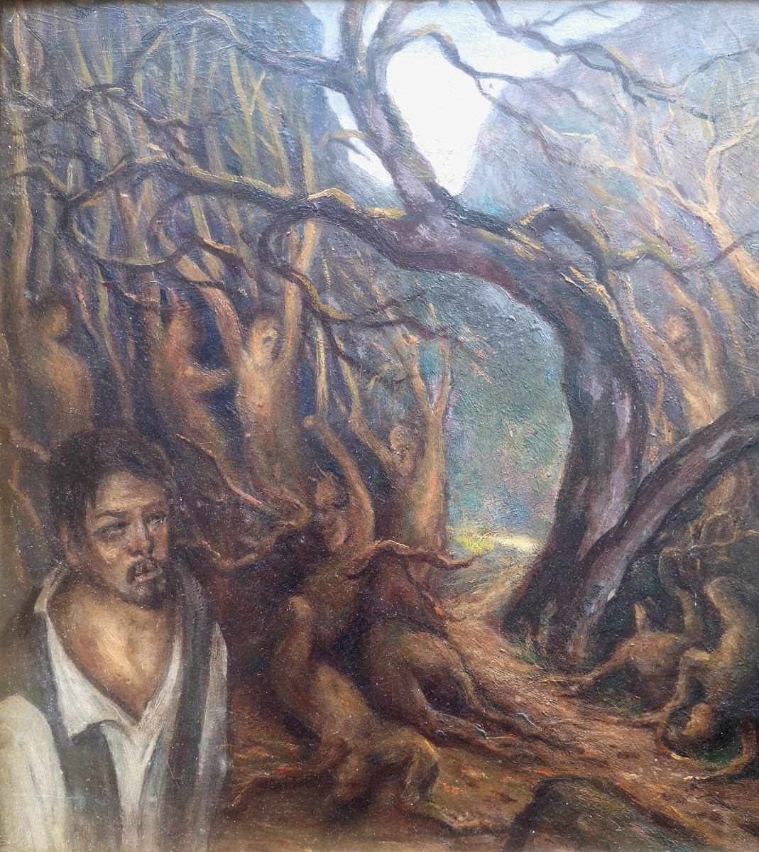 Surréalisme Art symboliste. Foret fantastique, formes humaines spectrales