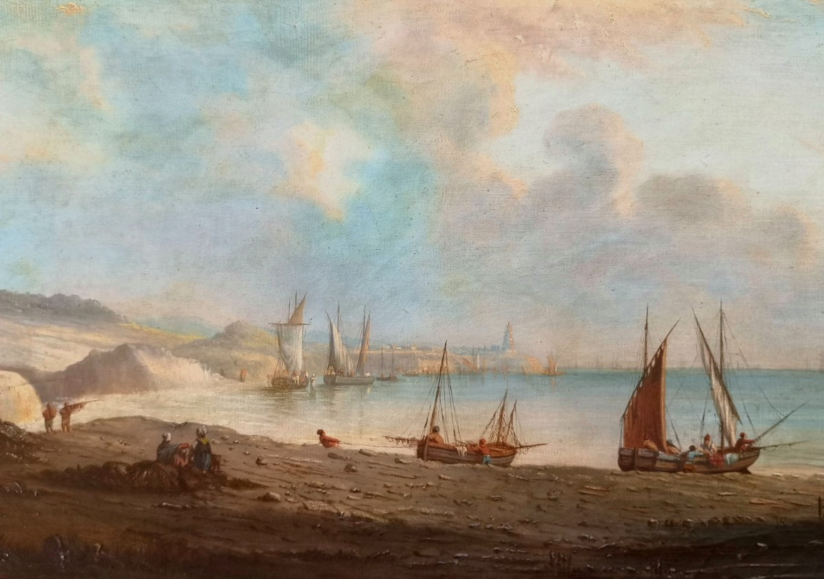 Natalie Burlin - 1875-1921 - Marine XIX° - Paysage côtier de cité normande Granville ? -  35x64-photo-4