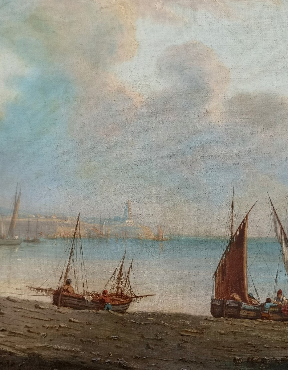 Natalie Burlin - 1875-1921 - Marine XIX° - Paysage côtier de cité normande Granville ? -  35x64-photo-3