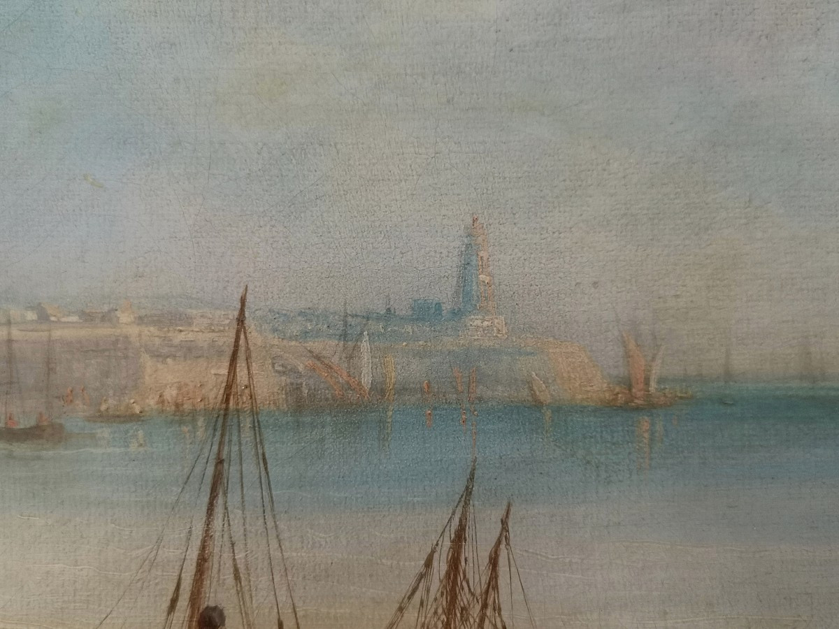 Natalie Burlin - 1875-1921 - Marine XIX° - Paysage côtier de cité normande Granville ? -  35x64-photo-6