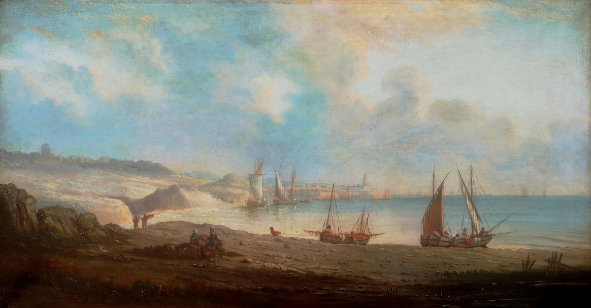 Natalie Burlin - 1875-1921 - Marine XIX° - Paysage côtier de cité normande Granville ? -  35x64