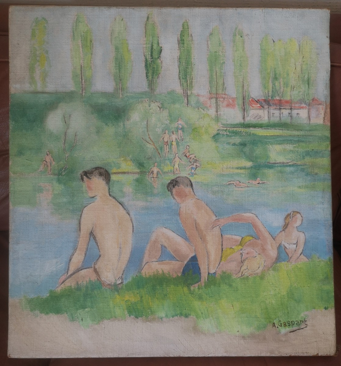 Alfred Gaspart (1900-1993) - Young Bathers By The Water Oil On Canvas - 60 × 55 Cm-photo-2