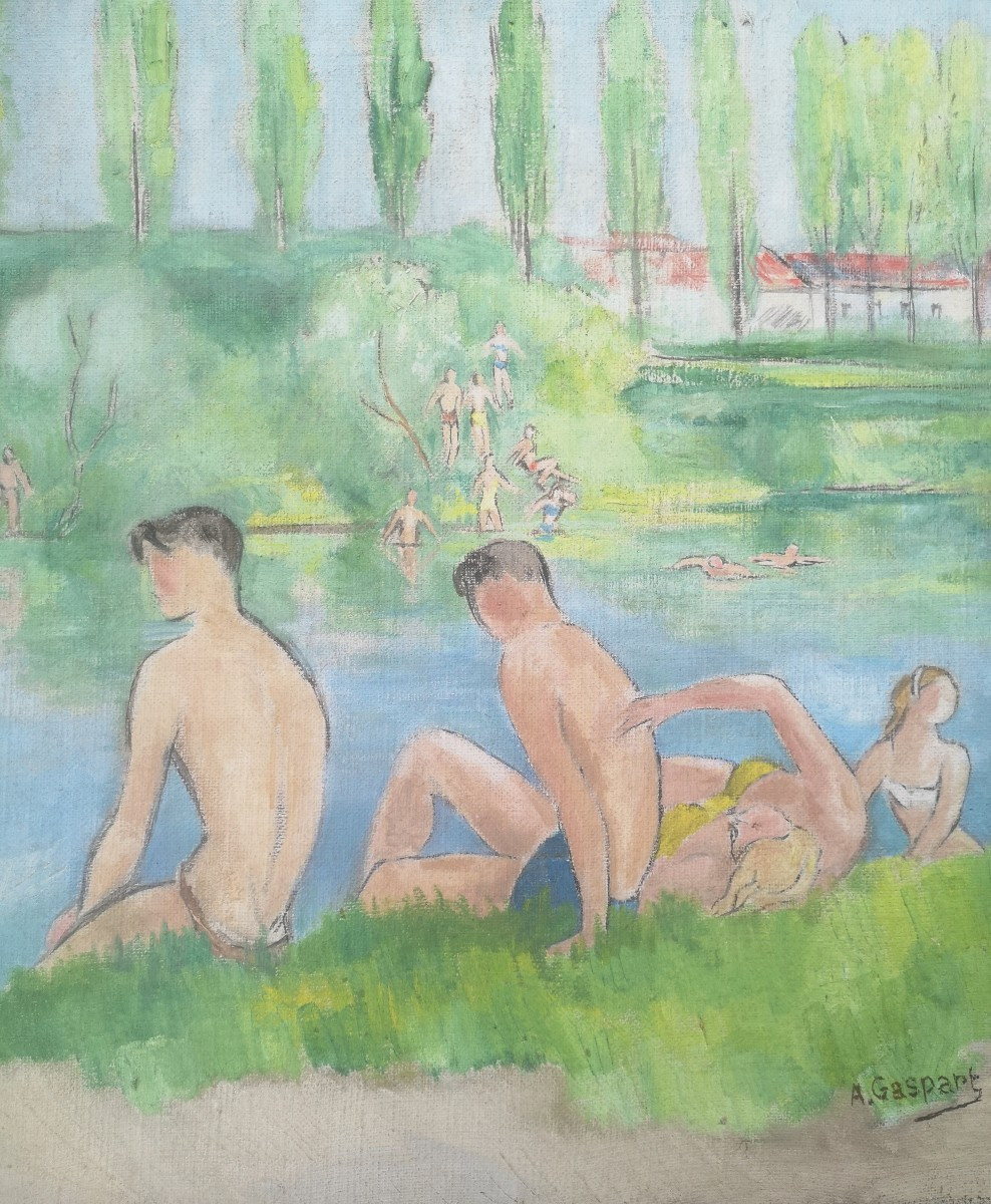 Alfred Gaspart (1900-1993) - Young Bathers By The Water Oil On Canvas - 60 × 55 Cm-photo-3