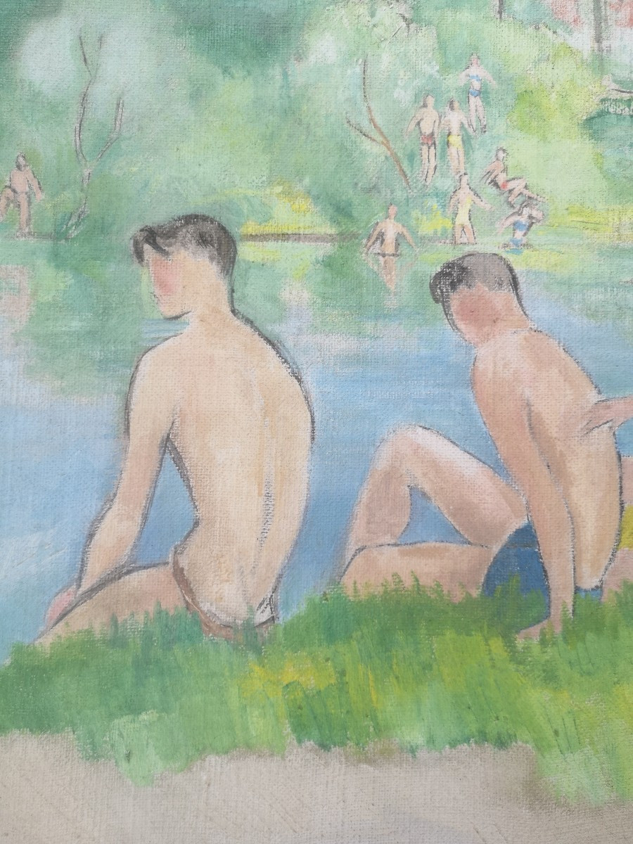 Alfred Gaspart (1900-1993) - Young Bathers By The Water Oil On Canvas - 60 × 55 Cm-photo-4