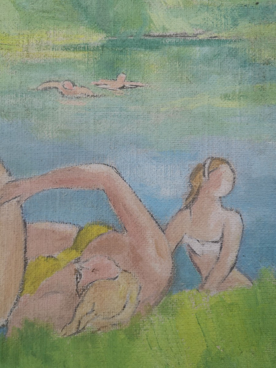 Alfred Gaspart (1900-1993) - Young Bathers By The Water Oil On Canvas - 60 × 55 Cm-photo-1