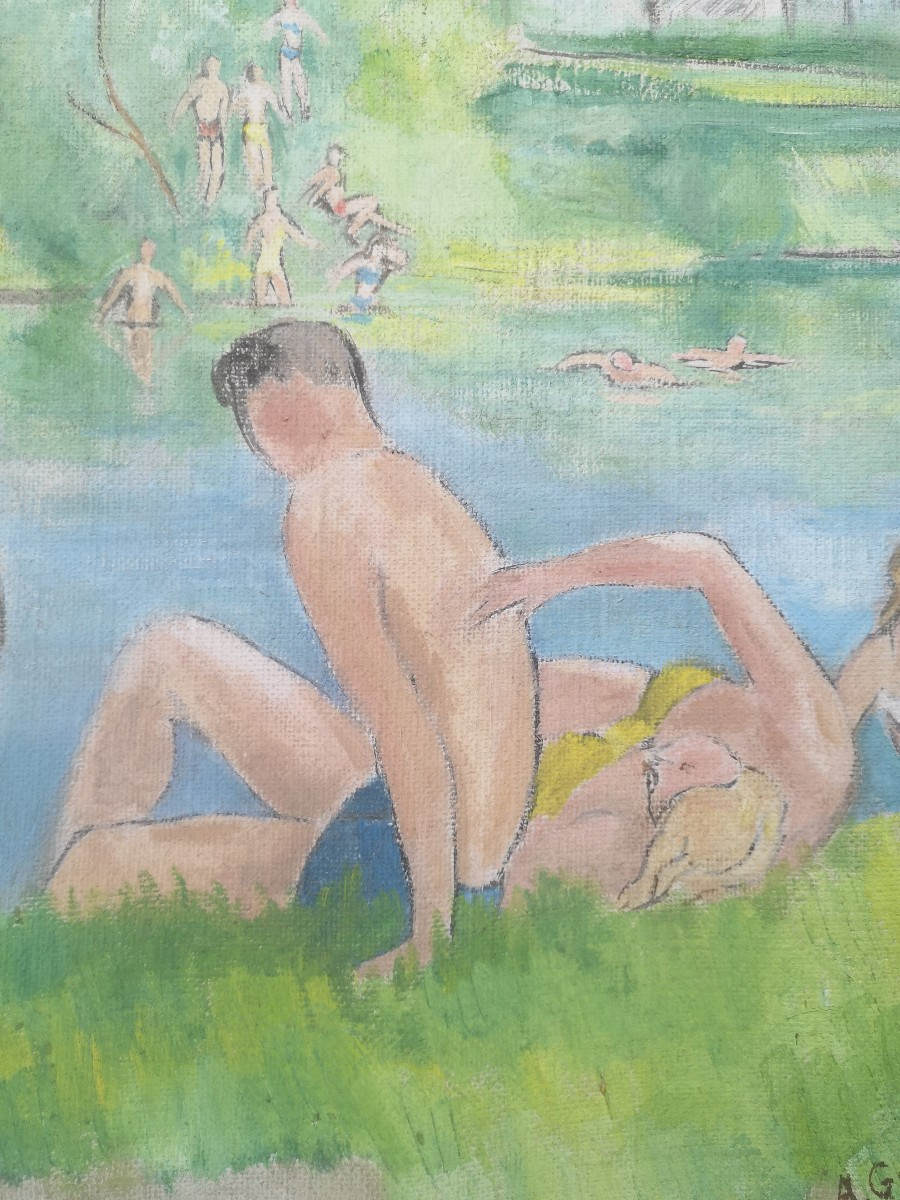 Alfred Gaspart (1900-1993) - Young Bathers By The Water Oil On Canvas - 60 × 55 Cm-photo-2