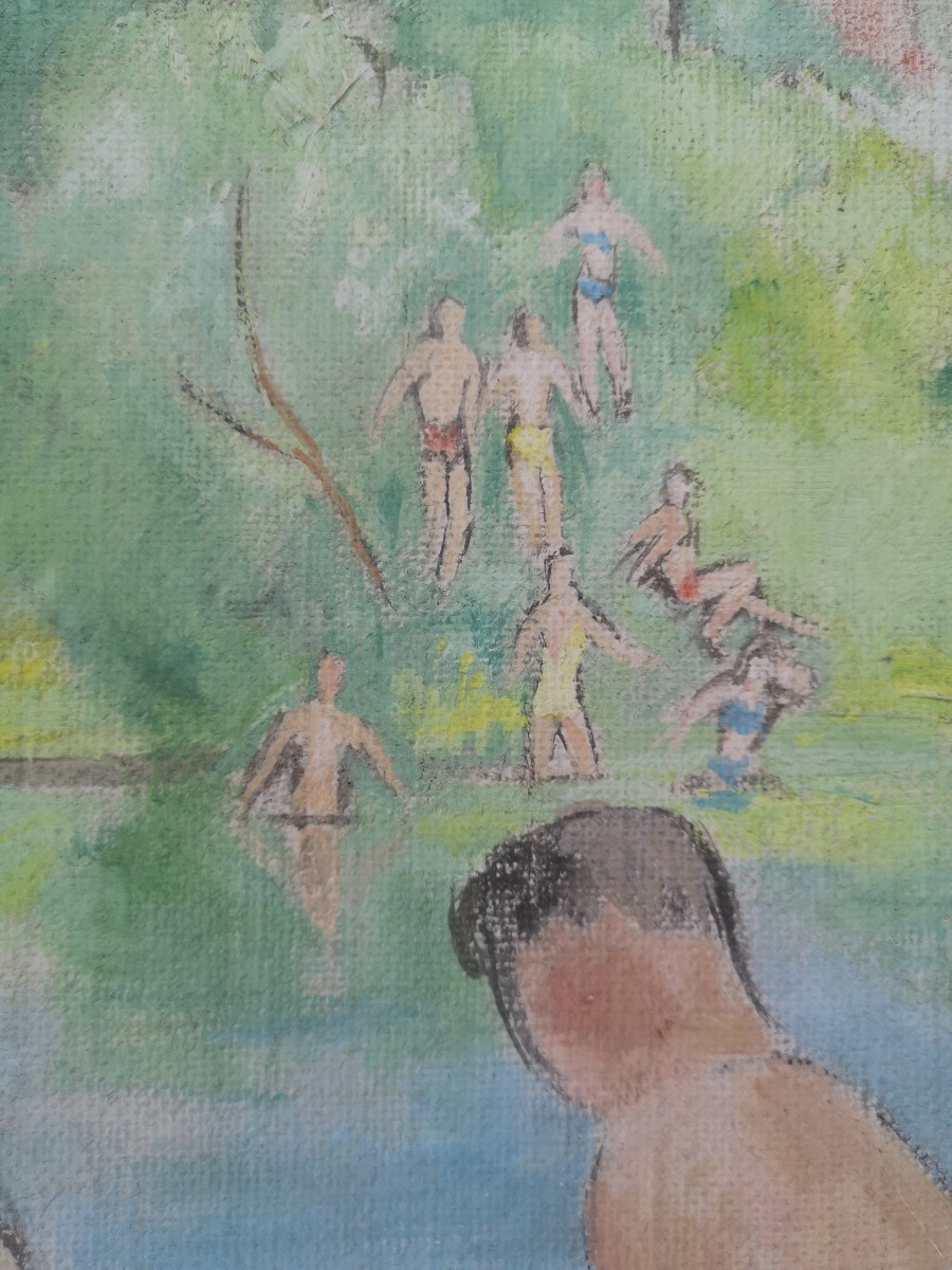 Alfred Gaspart (1900-1993) - Young Bathers By The Water Oil On Canvas - 60 × 55 Cm-photo-3