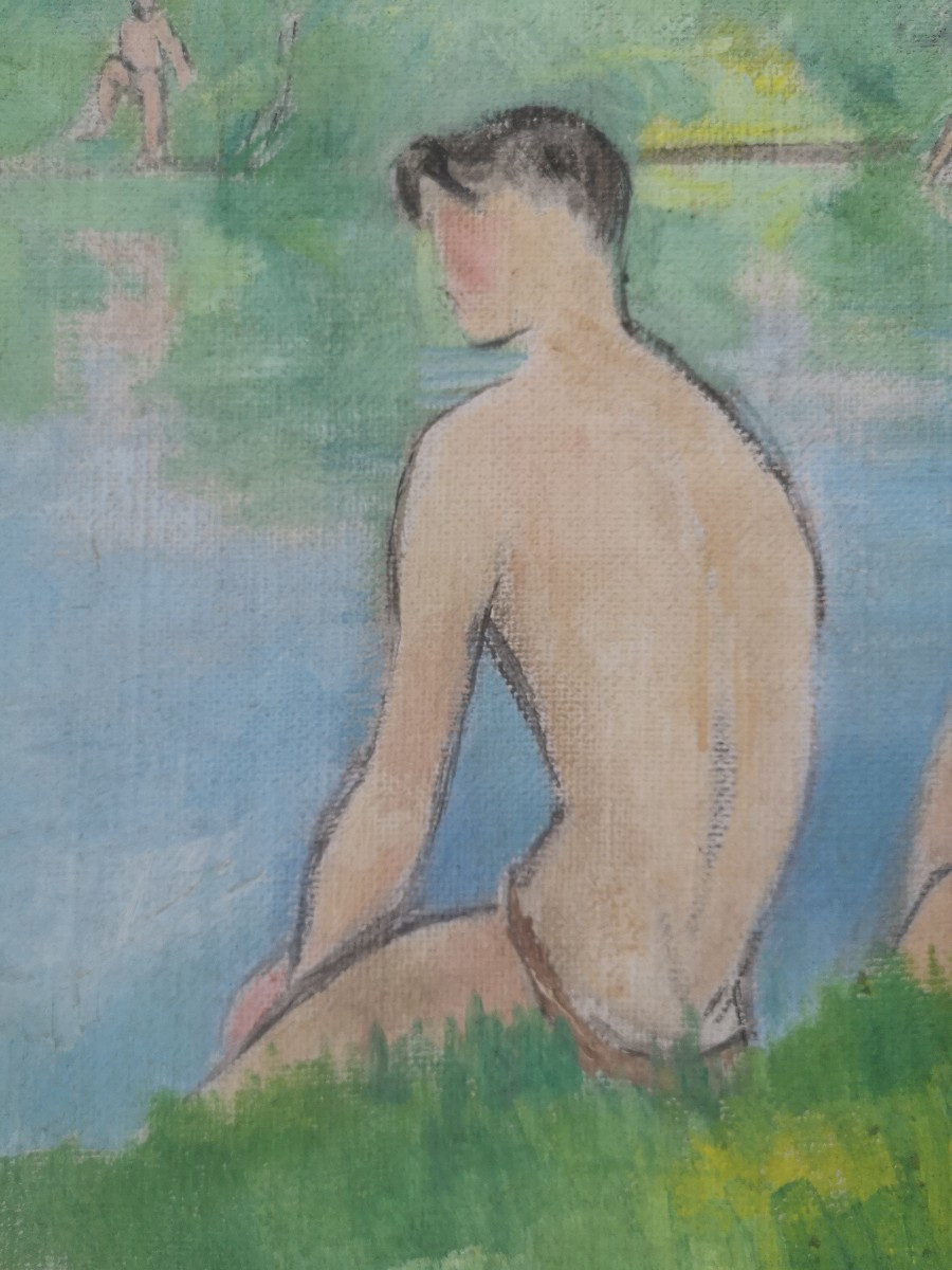 Alfred Gaspart (1900-1993) - Young Bathers By The Water Oil On Canvas - 60 × 55 Cm-photo-4