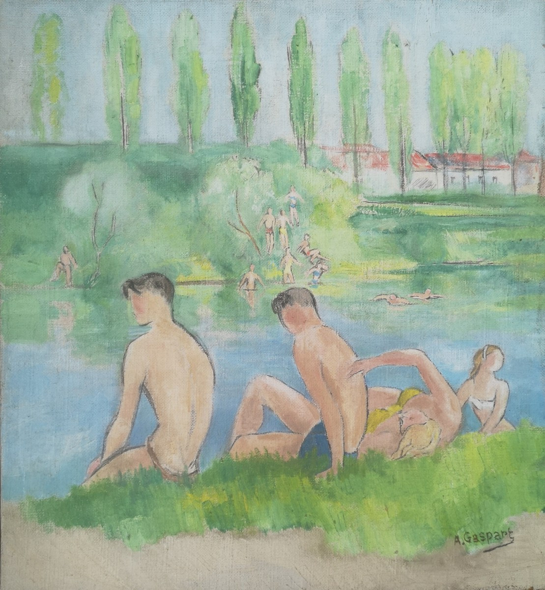 Alfred Gaspart (1900-1993) - Young Bathers By The Water Oil On Canvas - 60 × 55 Cm