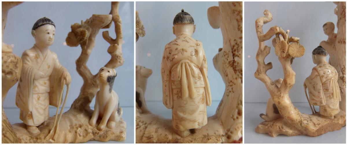 Edo Period Japan - Ivory Carved Group Of 4 Children And A Dog Perched On A Tree-photo-2