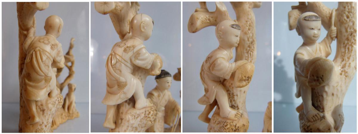 Edo Period Japan - Ivory Carved Group Of 4 Children And A Dog Perched On A Tree-photo-3