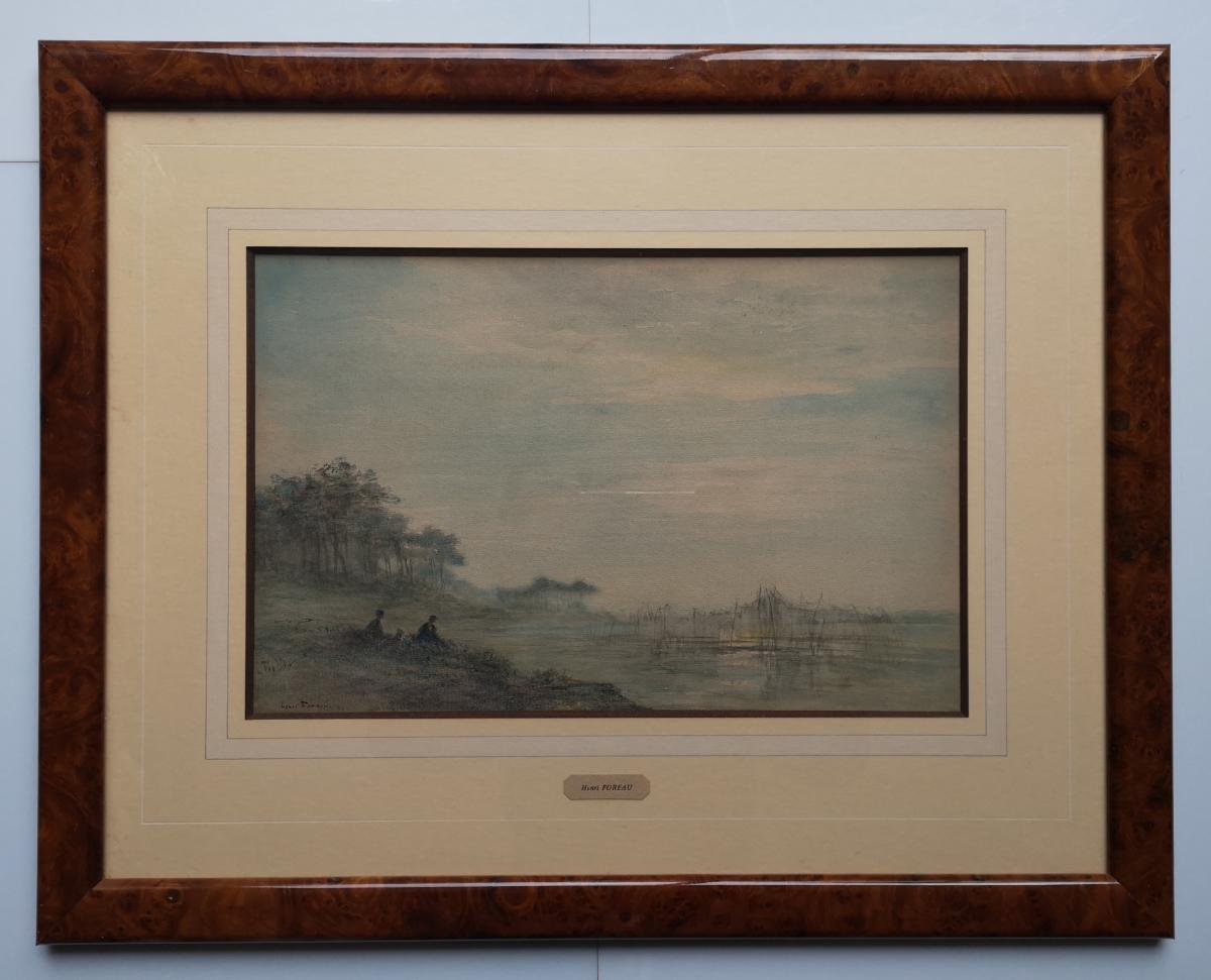 Foreau Henri 1866-1938 Peintre Paysagiste Paysage Lacustre Anim&eacute; 22.5 X 34.5