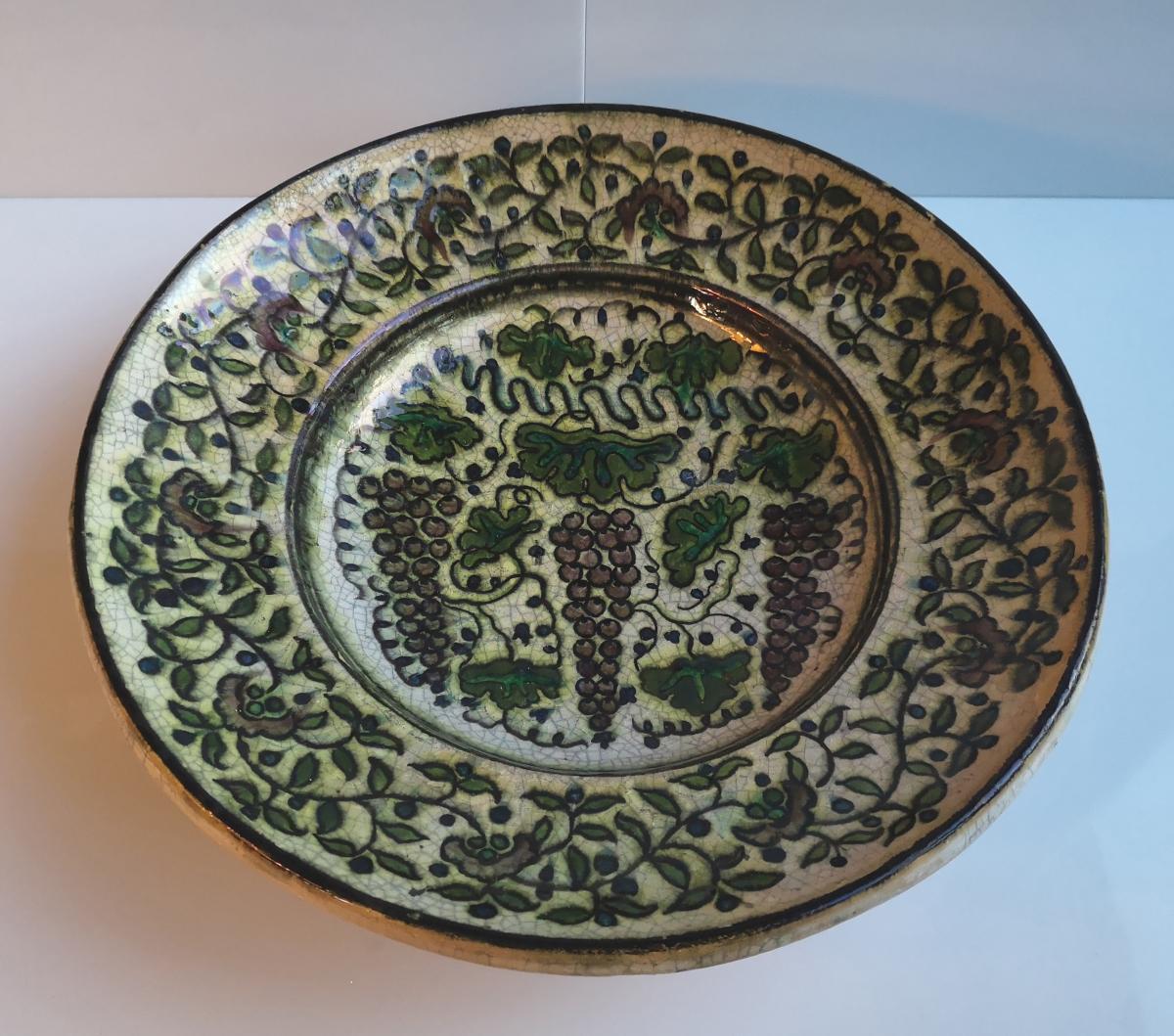 Raoul Lachenal (1885-1956) Grand Plat Creux Faience Décor Stylisé Pampres 35 Cm-photo-4