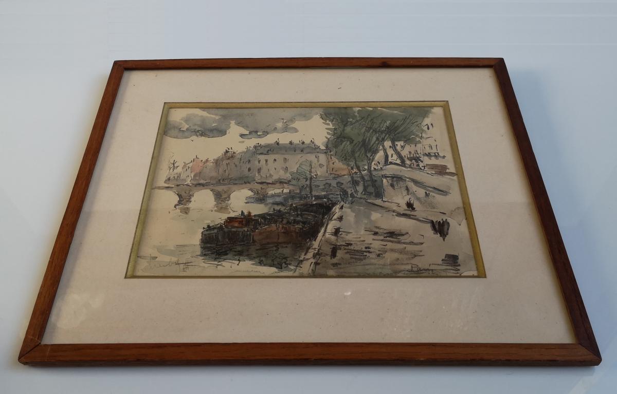 Watercolor Fernand Herbo (1905-1995) Quays-of-seine-at-the-bridge 32 X 22-photo-2