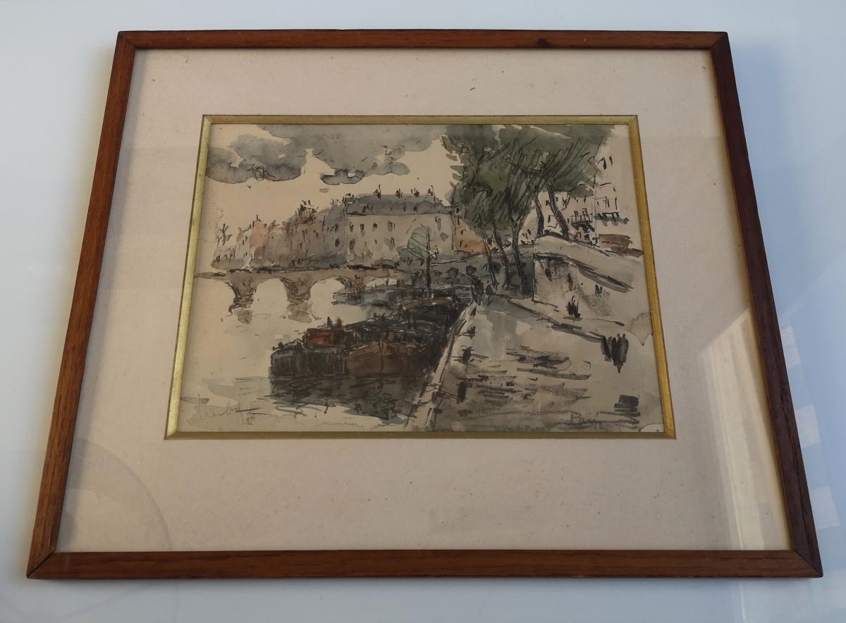 Aquarelle Fernand Herbo (1905-1995) Quais-de-seine-au-pont-marie 32 X 22 -photo-3