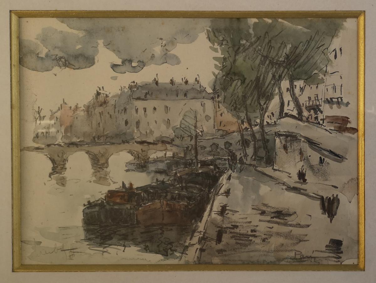 Aquarelle Fernand Herbo (1905-1995) Quais-de-seine-au-pont-marie 32 X 22 -photo-4