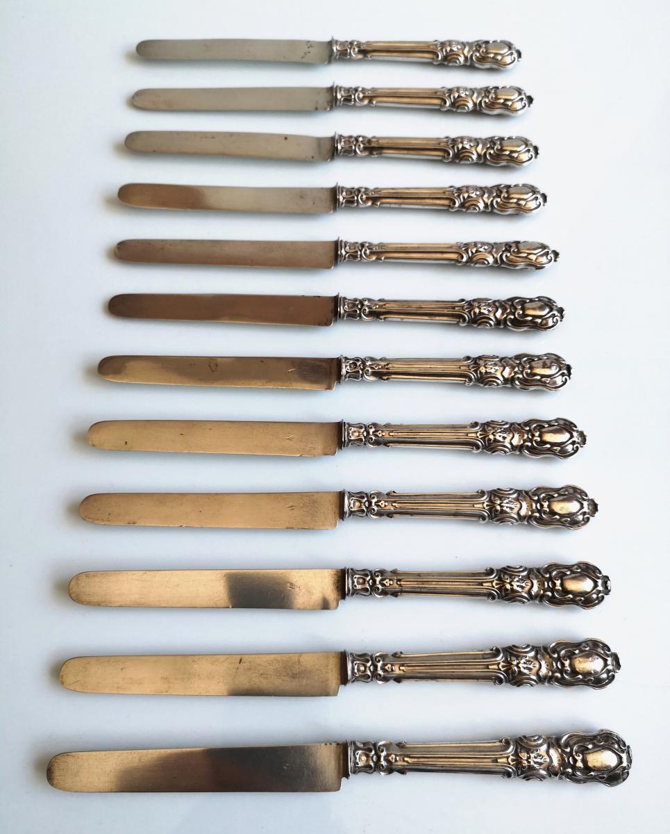 12 Couteaux à Entremets Style Louis XV à Lames Argent Et Manches Argent Fourré -photo-4
