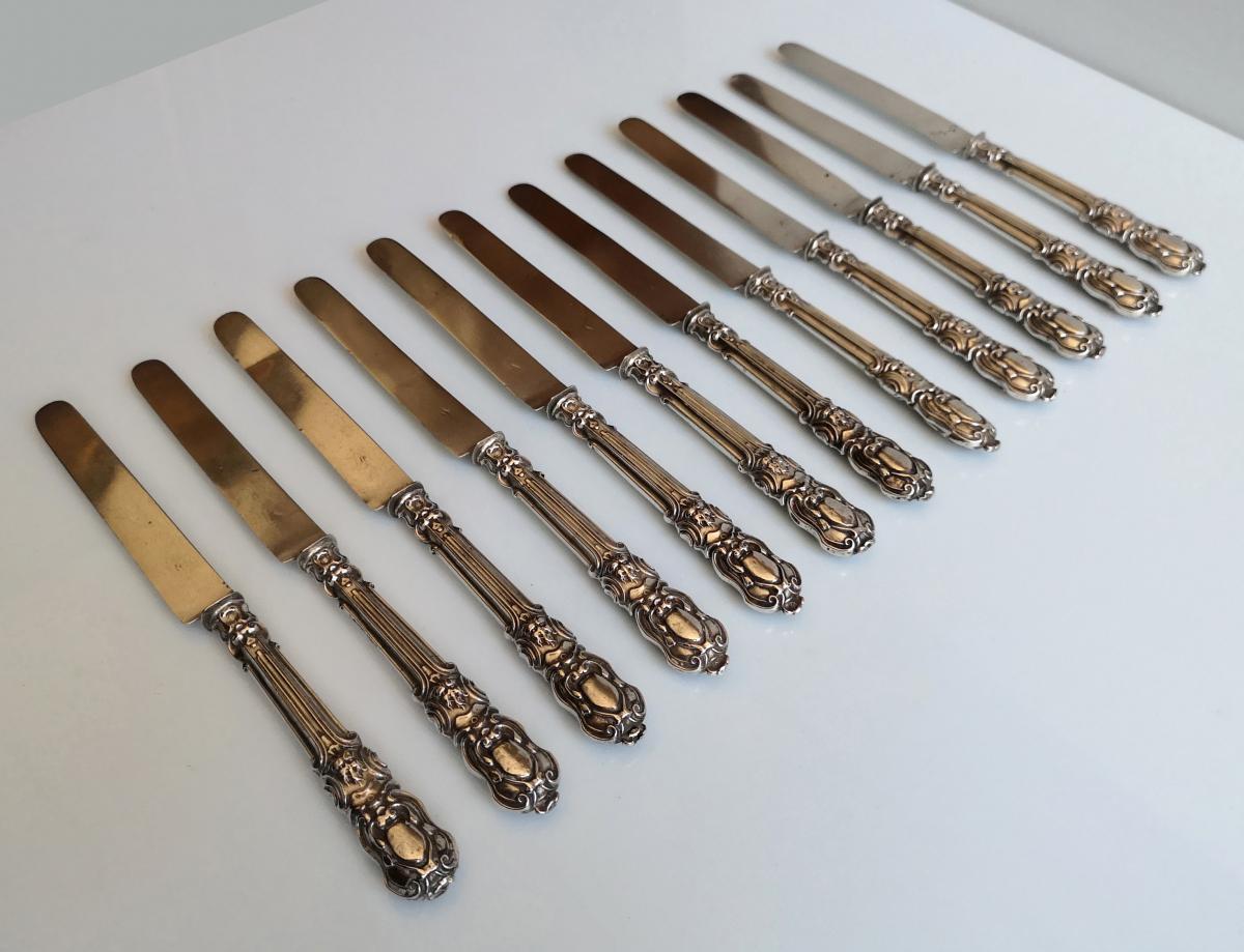 12 Louis XV Style Silver And Silver Knife Entrance Knives-photo-2