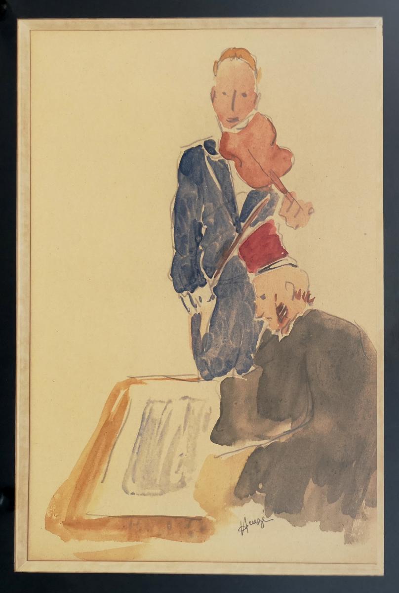 Edmond Heuze 1884-1967 School Of Paris The Violinist Watercolor-photo-2