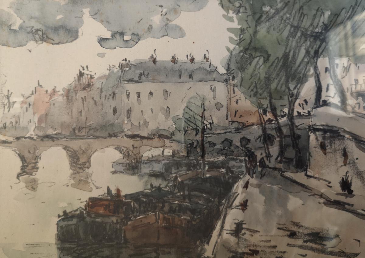 Aquarelle Fernand Herbo (1905-1995) Quais-de-seine-au-pont-marie 32 X 22 -photo-2