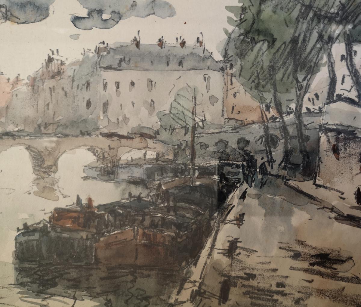 Aquarelle Fernand Herbo (1905-1995) Quais-de-seine-au-pont-marie 32 X 22 -photo-3