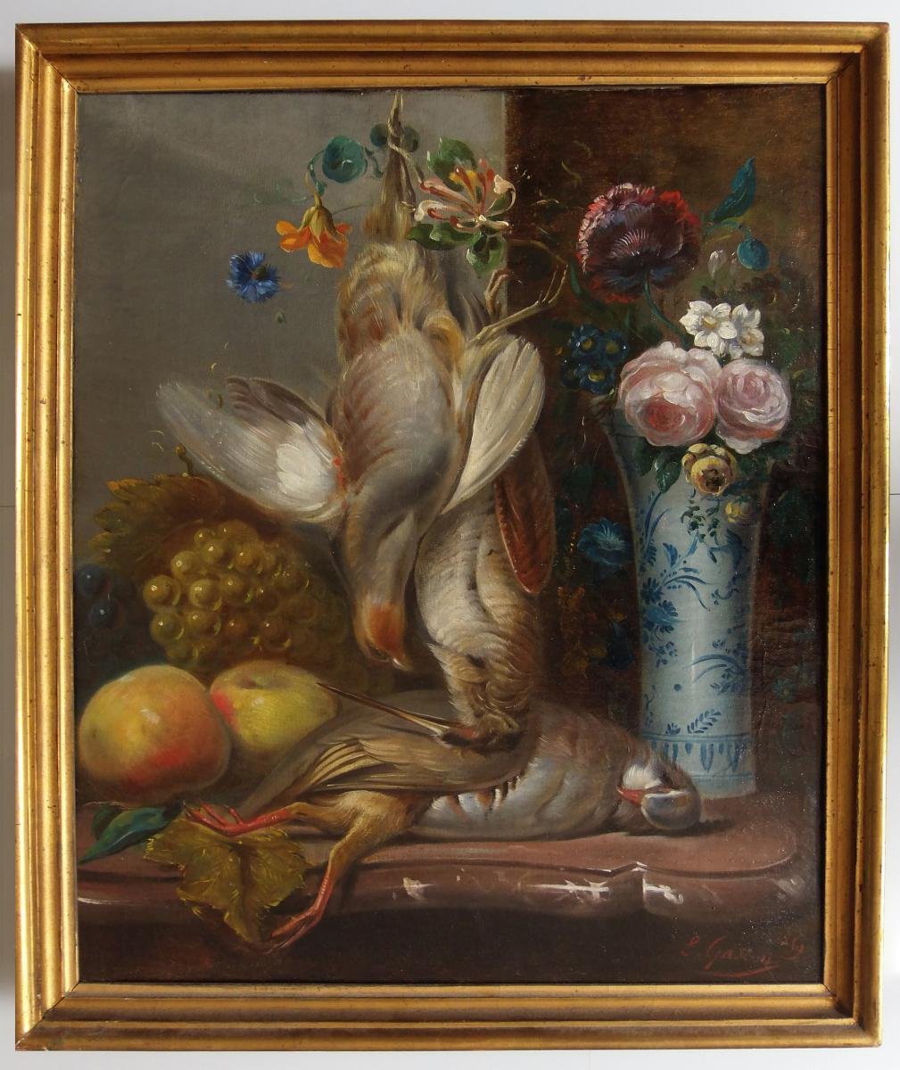 Hst M. Garon Still Life Vase Of Flowers And Trophy In Partreau And Woodcock