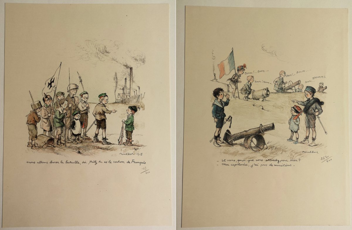 Francisque Poulbot 1879-1946 Portfolio-18-lithos-1915-children's-games-war-